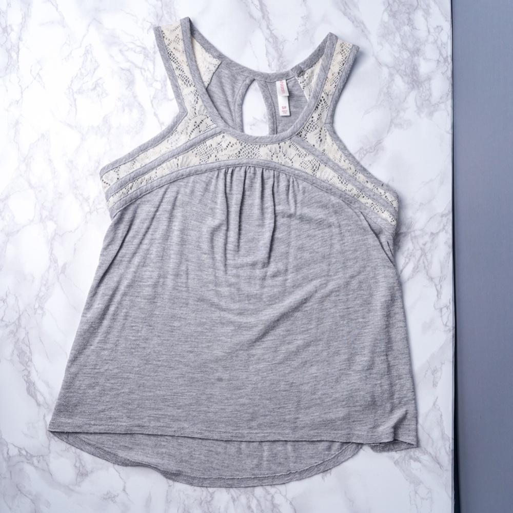 Gray Lace Tank Top Flowy Racerback Feminine Romantic Spring Xhileration